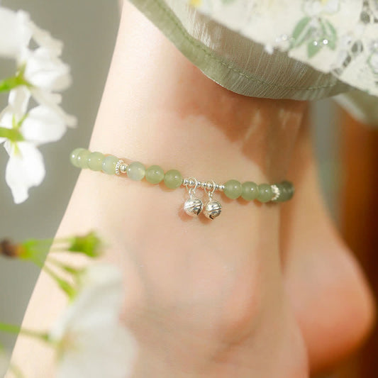 Jade 925 Sterling Silver Natural Hetian Jade Prosperity Bell Charm Anklet