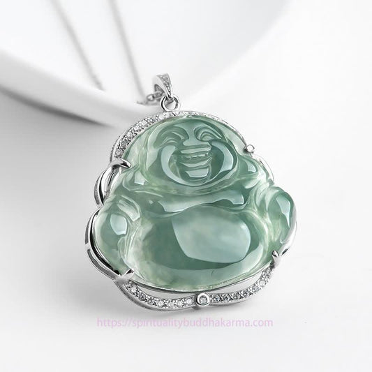 Buddha-Energie-Halskette aus 925er Sterlingsilber mit lachendem Buddha und Anhänger aus natürlicher Jade.