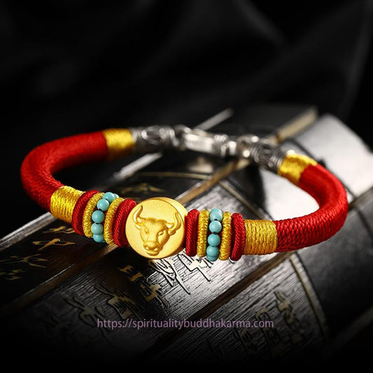 Antikes tibetisch-buddhistisches Armband mit roter Schnur, 999er Gold, chinesischem Tierkreiszeichen, Om Mani Padme Hum und King Kong-Knoten zum Schutz, handgefertigt