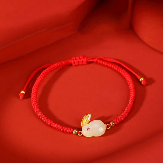 Bracelet porte-bonheur en argent sterling 925 et jade blanc Hetian, année du Lapin, avec cordon rouge et cordon de protection.