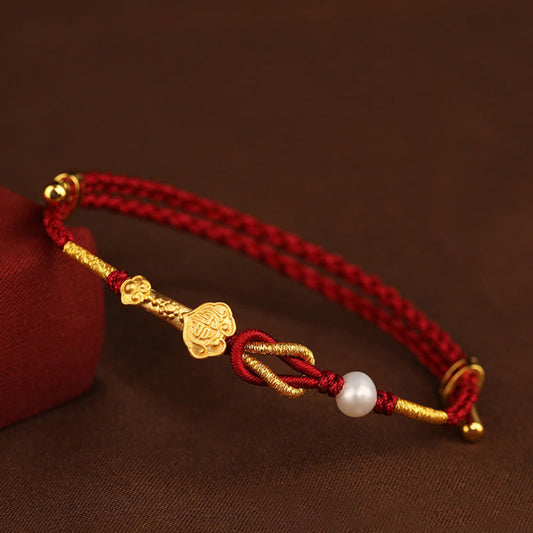 Ancient Tibetan Buddhist Red String Tradition 24K Gold Wish Ruyi Handle Fu Character Rabbit Pearl Luck Braided Bracelet