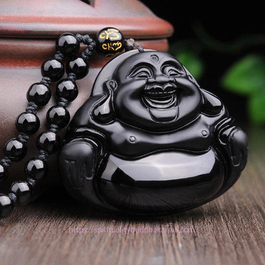 Buddha Energy Necklace Laughing Buddha Black Obsidian Transformation Pendant Necklace