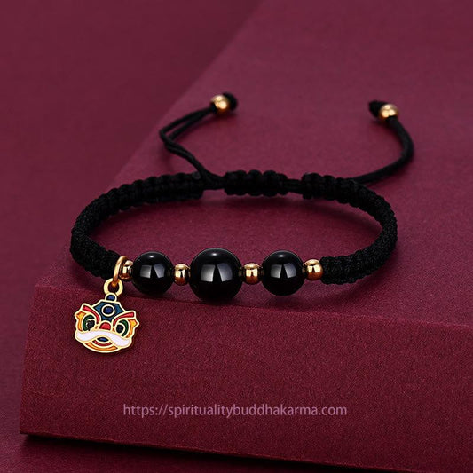 Ancient Tibetan Buddhist Red String Tradition Handmade Black Onyx Bead Dancing Lion Fortune Bracelet