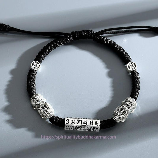 Ancient Tibetan Buddhist Red String Tradition Double PiXiu Feng Shui Copper Coin Om Mani Padme Hum String Bracelet