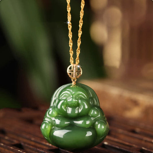 Spiritualität 925 Sterling Silber Lachender Buddha Hetian Cyan Jade 18K Gold Erfolgskette Anhänger