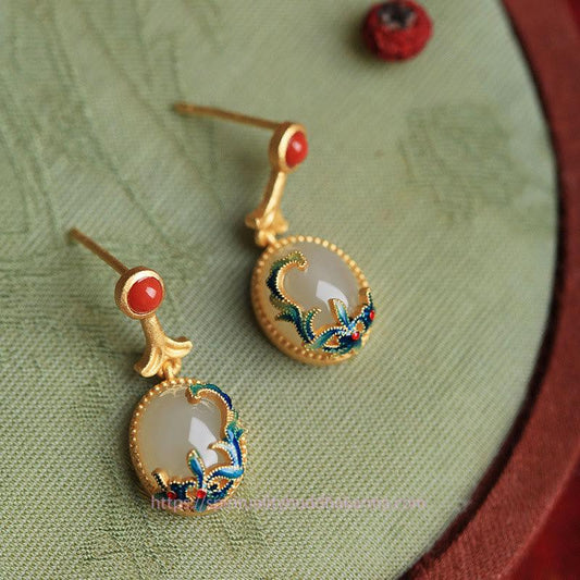 Jade Vintage Jade Red Agate Abundance Copper Drop Earrings