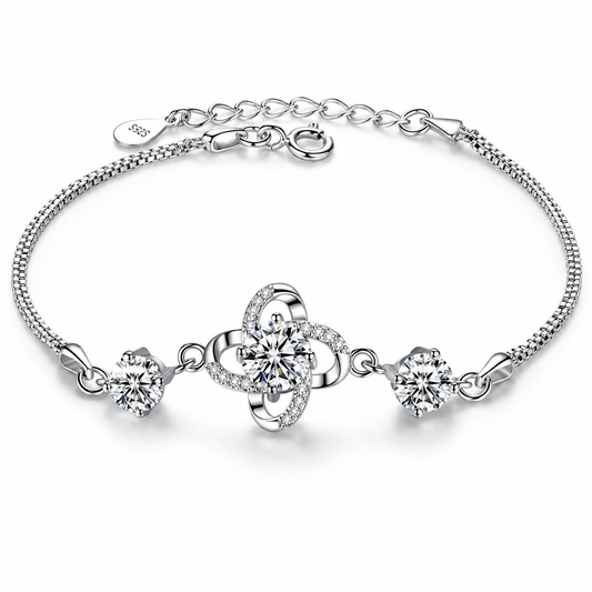 S925 Sterling Silver Bracelet for Women, Dazzling Round-Cut Lucky Clover Adjustable Link Chain, Sparkling Crystal Jewelry for Bridal Wedding Anniversary Gift