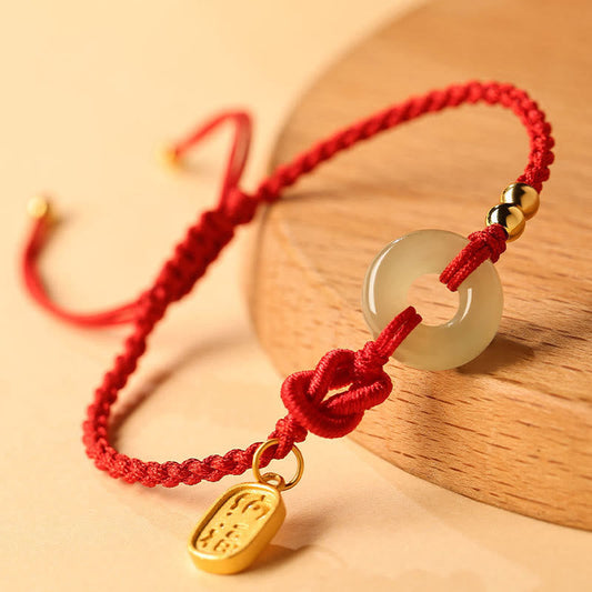Ancient Tibetan Buddhist Red String Tradition Hetian Jade Peace Buckle Fu Character String Luck Bracelet
