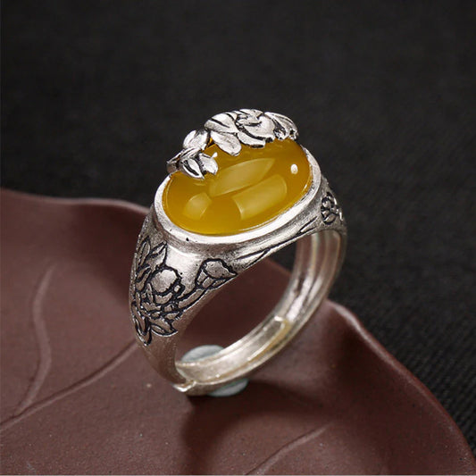 Goldener Energie-Citrin-Silber-Reichtum-Solarplexus-Chakra (drittes Chakra)-Lotus-Segen-Schutz-Verstellbarer Ring