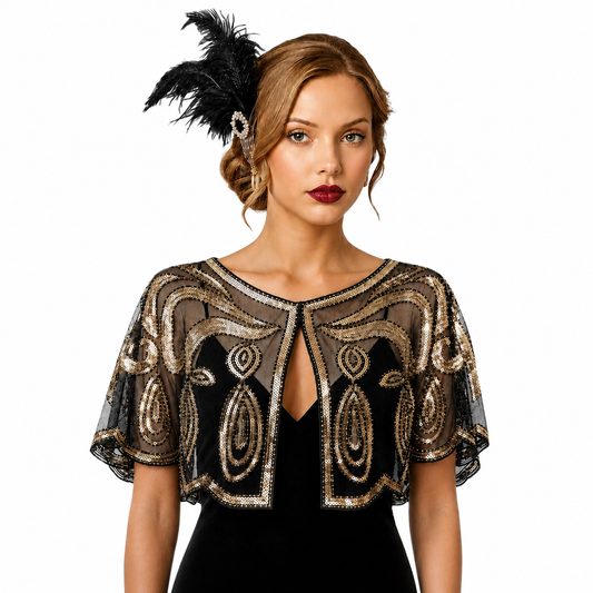 1920s Gatsby Vintage Sequin Beaded Mesh Shawl for Women, Elegant Bolero Cape Wrap, Beaded Evening Jacket, Wedding & Cocktail Dress Cover Up