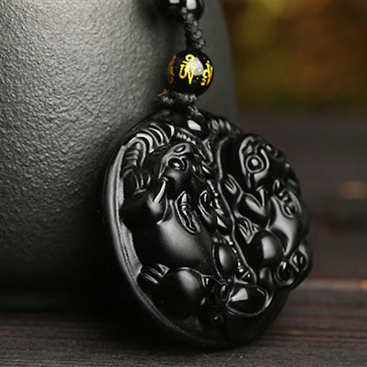 Spiritualität Buddha Karma Schwarzer Obsidian Doppelte Pixiu-Perle Seil Reinigung Halskette Anhänger