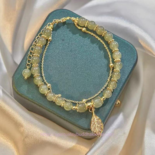 Jade Jade Leaf Ginkgo Tulip Peanut Fu Character Luck Beaded Bracelet