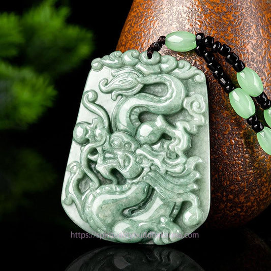 Jade Year Of The Dragon Chinese Zodiac Dragon Soaring Jade Protection Bead Chain Necklace Pendant