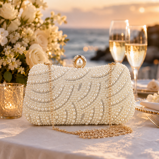Elegant Pearl Beaded Clutch for Women, Mini Evening Handbag with Detachable Chain for Weddings, Prom and Parties