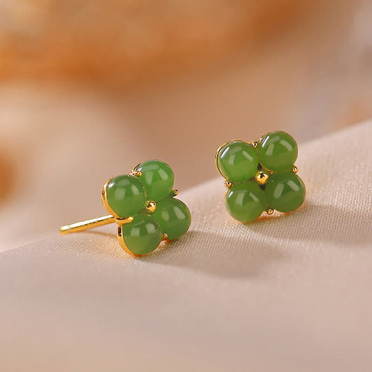 Jade 925 Sterling Silver Plated Gold Natural Cyan Jade Four Leaf Clover Luck Stud Earrings