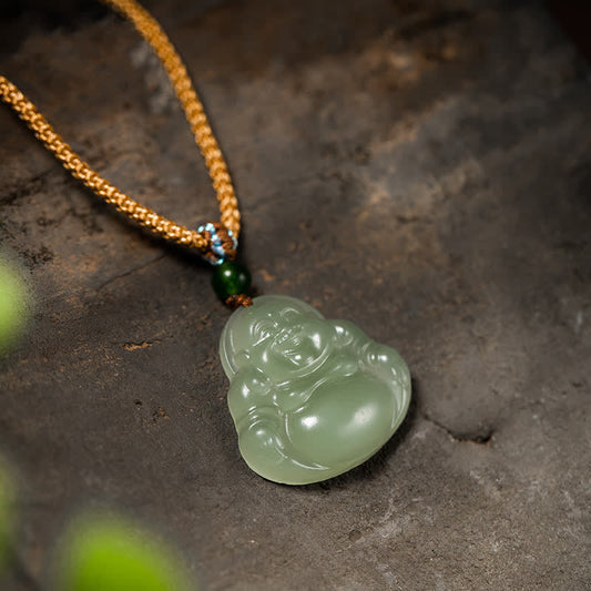Collier d'énergie de Bouddha, pendentif Bouddha rieur en jade et lotus, symbole de prospérité