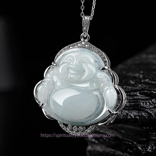 Collier d'énergie Bouddha en argent sterling 925, pendentif Bouddha rieur en jade naturel, symbole d'abondance