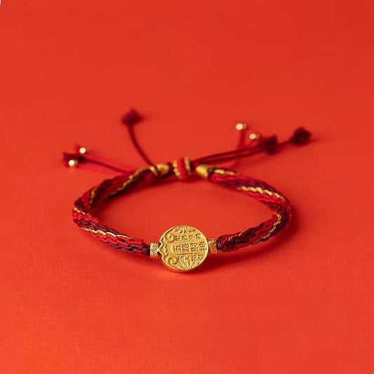 Alte tibetisch-buddhistische Tradition: Armband aus rotem Faden, Symbol der fünf Himmelsrichtungen, Götter des Reichtums, handgefertigt, Schutz vor Reinkarnation durch Knoten.