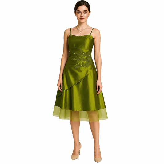 Elegant Green Taffeta Embroidered Evening Dress with Organza Hem, Adjustable Spaghetti Straps and Smocked Back