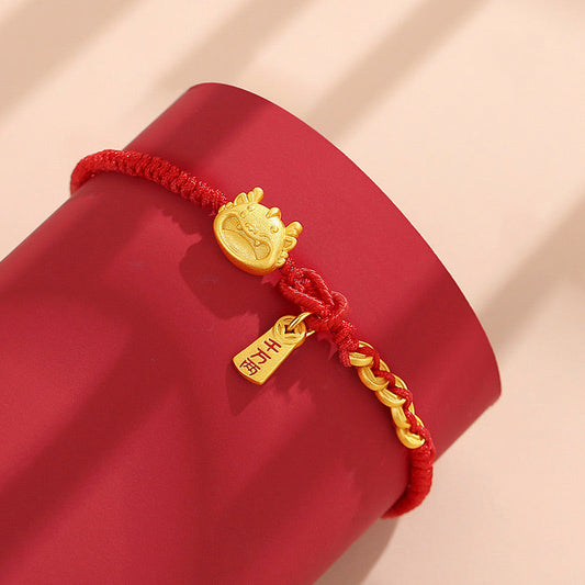 Antikes tibetisch-buddhistisches Armband aus 925er Sterlingsilber mit roter Schnur und Gold-Kupfer-Münze (Glückssymbol des Jahres des Drachen) – Handgefertigt nach alter tibetisch-buddhistischer Tradition