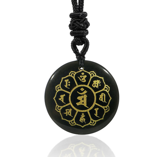 Spiritualität Buddha Karma Om Mani Padme Hum Natürliche verschiedene Kristalle Schwarzer Obsidian Stärke Halskette Anhänger