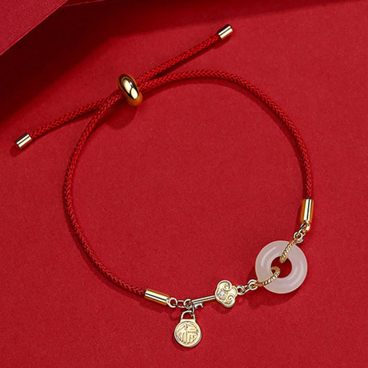 Jade 18K Gold Plated Hetian Jade Peace Buckle Fu Character Luck Red Rope Bracelet