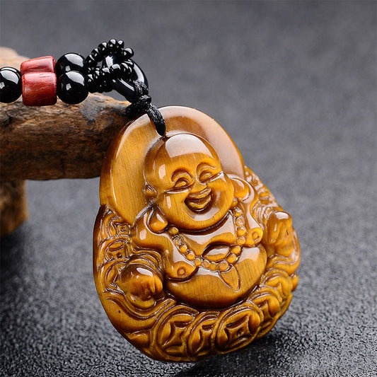 Buddha-Energie-Halskette, Tigerauge, lachender Buddha, Segenskette