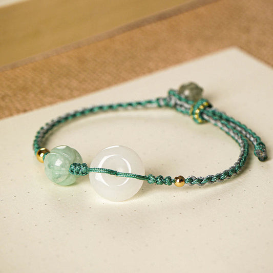 Ancient Tibetan Buddhist Red String Tradition White Jade Peace Buckle Pumpkin Bead Luck Blessing Braided Bracelet
