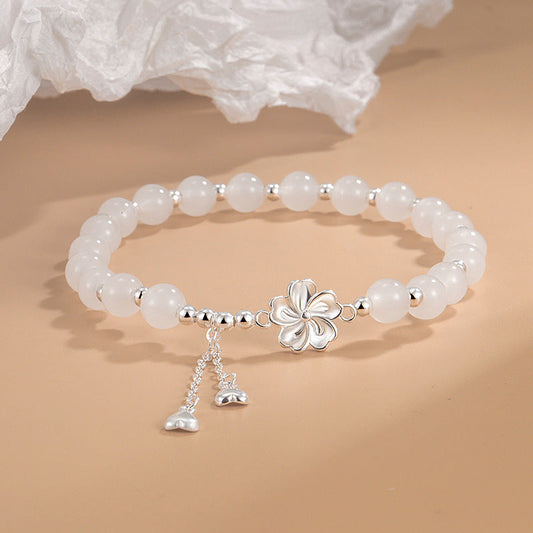 Jade White Jade Peach Blossom Petals Flower Luck Bracelet