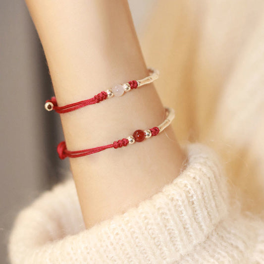 Ancient Tibetan Buddhist Red String Tradition 925 Sterling Silver Bamboo White Agate Red Agate Bead Protection String Braided Bracelet