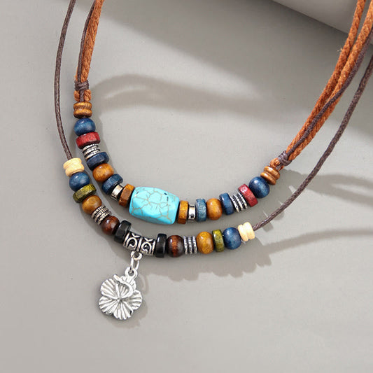 Ancient Tibetan Buddhist Red String Tradition Turquoise Small Flower Protection Double Layer Necklace Pendant Bracelet