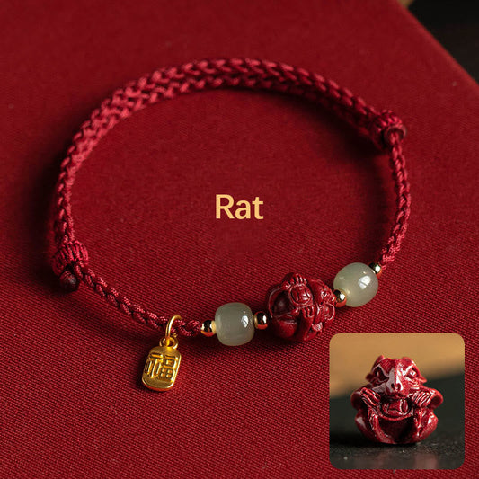 Altes tibetisch-buddhistisches Armband aus rotem Seil mit natürlichem Zinnober und chinesischen Tierkreiszeichen (Hetian-Jade, Fu-Zeichen)