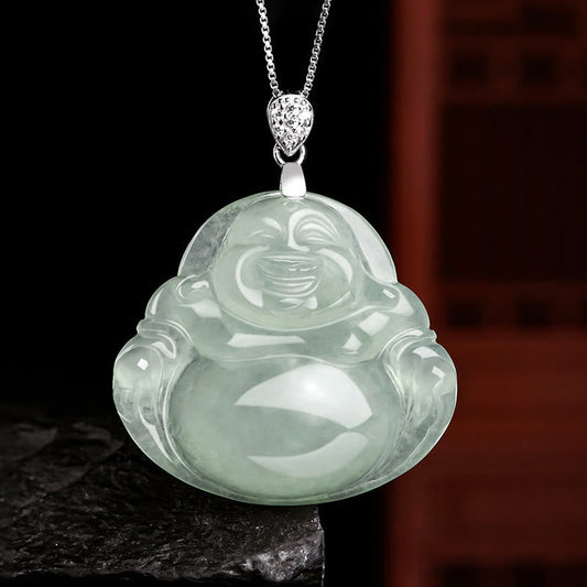 Collier Bouddha Énergie en argent sterling 925 avec pendentif Bouddha rieur en jade naturel et chaîne, symbole de prospérité et d'abondance.