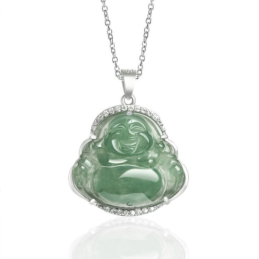 Buddha-Energie-Halskette aus 925er Sterlingsilber mit lachendem Buddha und Anhänger aus natürlicher Jade – Symbol für Glück und Wohlstand