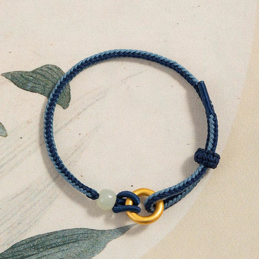 Antikes tibetisch-buddhistisches Armband mit roter Schnur, Friedensschnalle aus 999er Sterlingsilber und Hetian-Jade