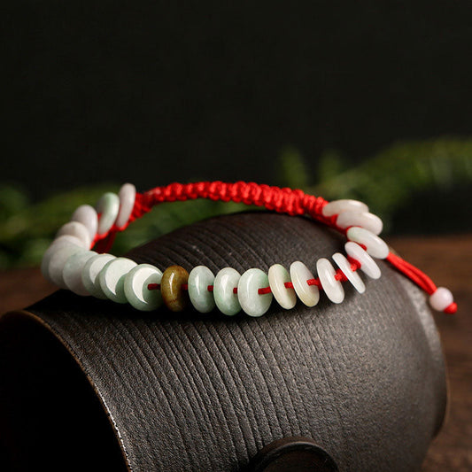 Jade-Armband mit runder, natürlicher Jade-Schnur und rotem Faden – Glücksbringer und Schutz