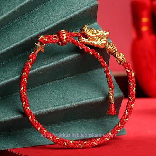 Antikes tibetisch-buddhistisches Armband aus rotem Faden, handgefertigt aus 999er Sterlingsilber, mit Drachenglückssymbol und acht Knoten