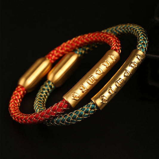 Antikes tibetisch-buddhistisches Armband mit roter Schnur, handgefertigt aus 999er Sterlingsilber, mit Om-Mani-Padme-Humbug-Motiv, Drachenschuppenmuster, geflochtenem Magnetverschluss.