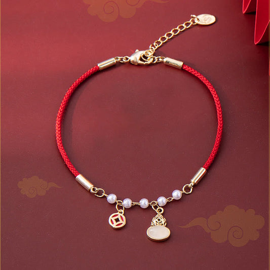 Ancient Tibetan Buddhist Red String Tradition Copper Coin Pearl Gourd Charm Braided Red Rope Bracelet