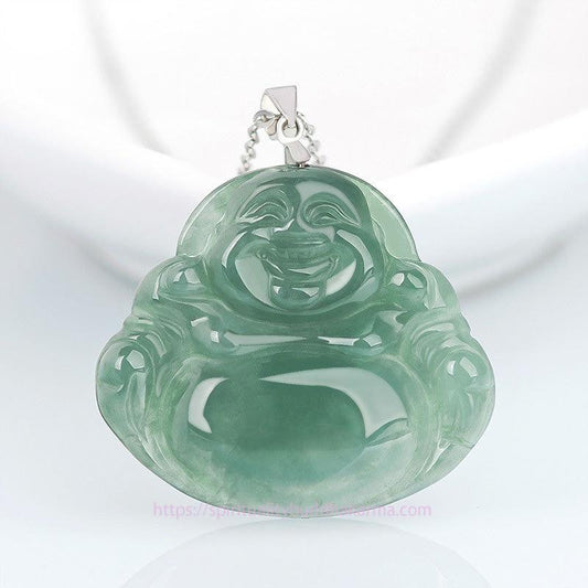 Jade 925 Sterling Silver Laughing Buddha Jade Protection Calm Necklace Chain Pendant