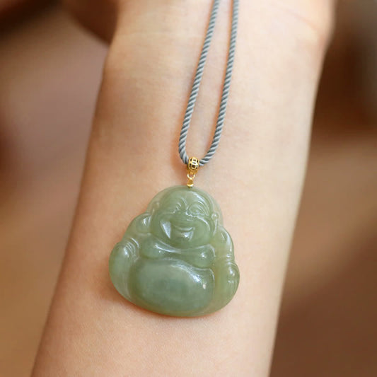 Spirituality 18K Gold Laughing Buddha Jade Abundance Necklace String Pendant