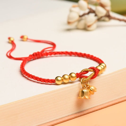 Ancient Tibetan Buddhist Red String Tradition Handcrafted Lily Of The Valley Flower Charm Design Luck Protection Braided Bracelet