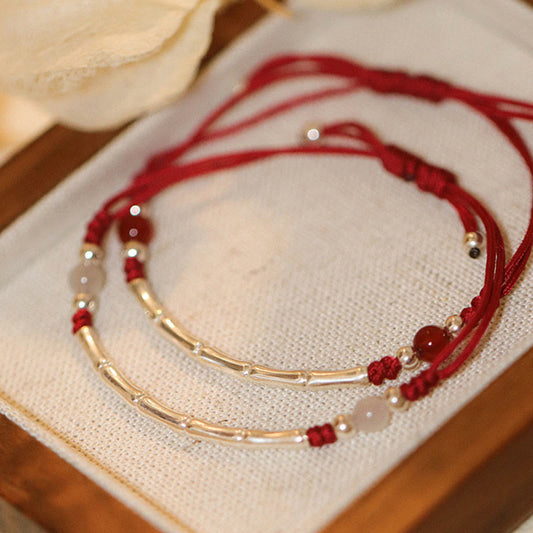 Ancient Tibetan Buddhist Red String Tradition 925 Sterling Silver Bamboo White Agate Red Agate Bead Protection String Braided Bracelet