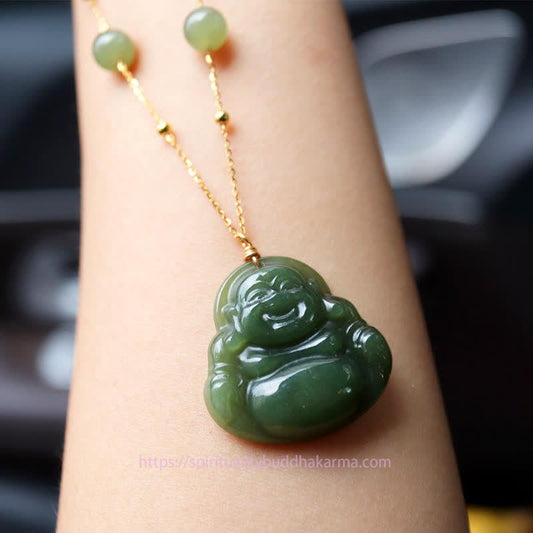 Collier d'énergie Bouddha, Bouddha rieur, collier de jade Hetian porte-bonheur, pendentif en perles et chaîne.