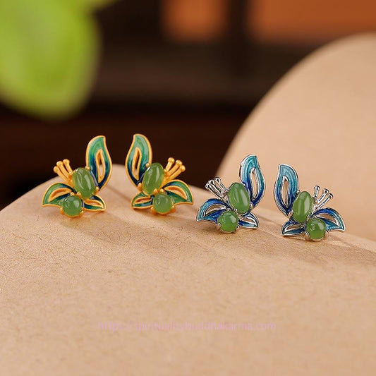 Jade 925 Sterling Silver Plated Gold Natural Cyan Jade Butterfly Luck Healing Earrings