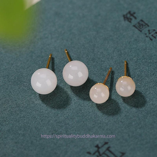 Jade 925 Sterling Silver Round White Jade Blessing Stud Earrings