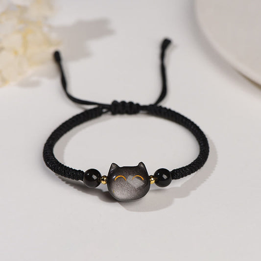 Ancient Tibetan Buddhist Red String Tradition Handmade Natural Silver Sheen Obsidian Strawberry Quartz Cute Cat Protection Braided Bracelet