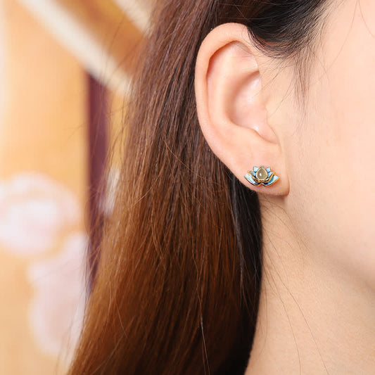 Boucles d'oreilles en argent sterling 925 et jade cyan Hetian, motif fleur de lotus, symbole de succès
