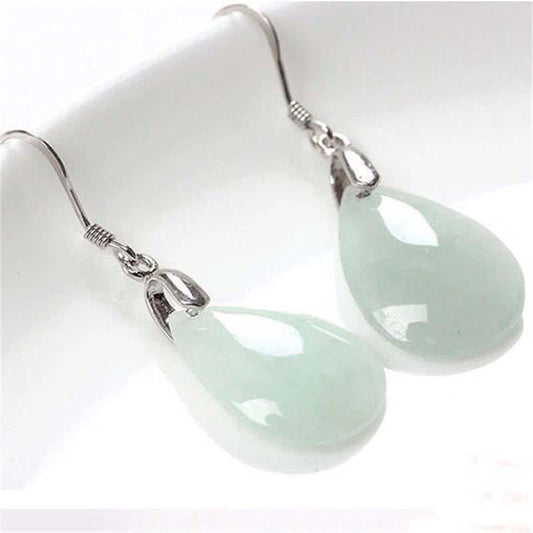Jade 925 Sterling Silver Jade Water Drop Luck Dangle Earrings