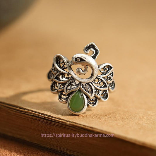 Jade 925 Sterling Silver Peacock Hetian Cyan Jade Fortune Adjustable Ring